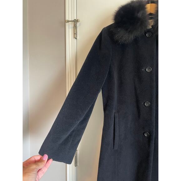 Larry Levine long black wool coat faux fur collar buttons lined pockets Size 6p - Picture 3 of 11
